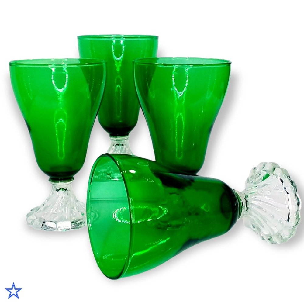 4 Vtg Anchor Hocking Burple Inspiration Green Water Goblets Glasses 6in Tall USA